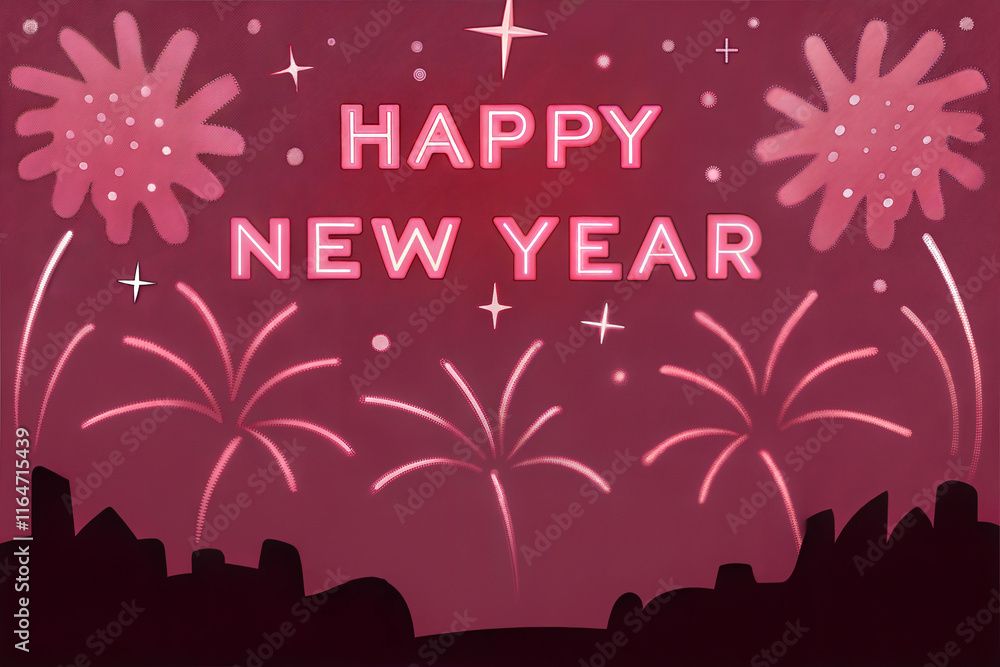 Obraz premium Happy New Year greeting card with festive fireworks and pink background illustration