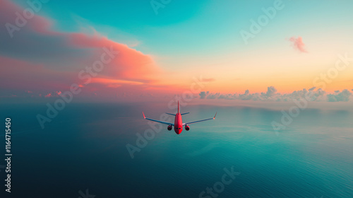 Breathtaking aerial view of a colorful sunset above the ocean with an airplane photo