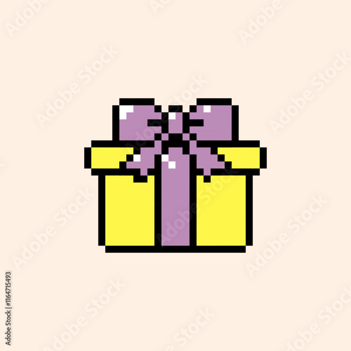 Gift box emoji. Present box pixel art icon. Colorful retro sticker. Editable pixel vector illustration. Cute badge. Game abstract element. Y2k modern geometric shape for collage, poster. Mood of 90s