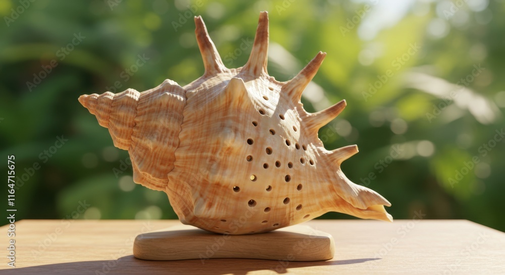 Fototapeta premium Detailed conch shell on wooden stand against lush green background