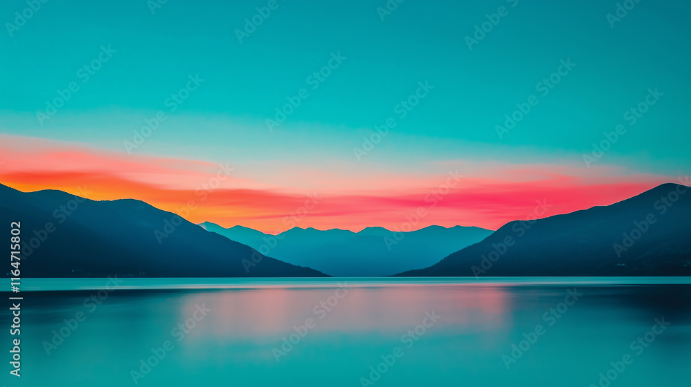 Fototapeta premium Serene evening panorama of tranquil mountains and calm waters at sunset