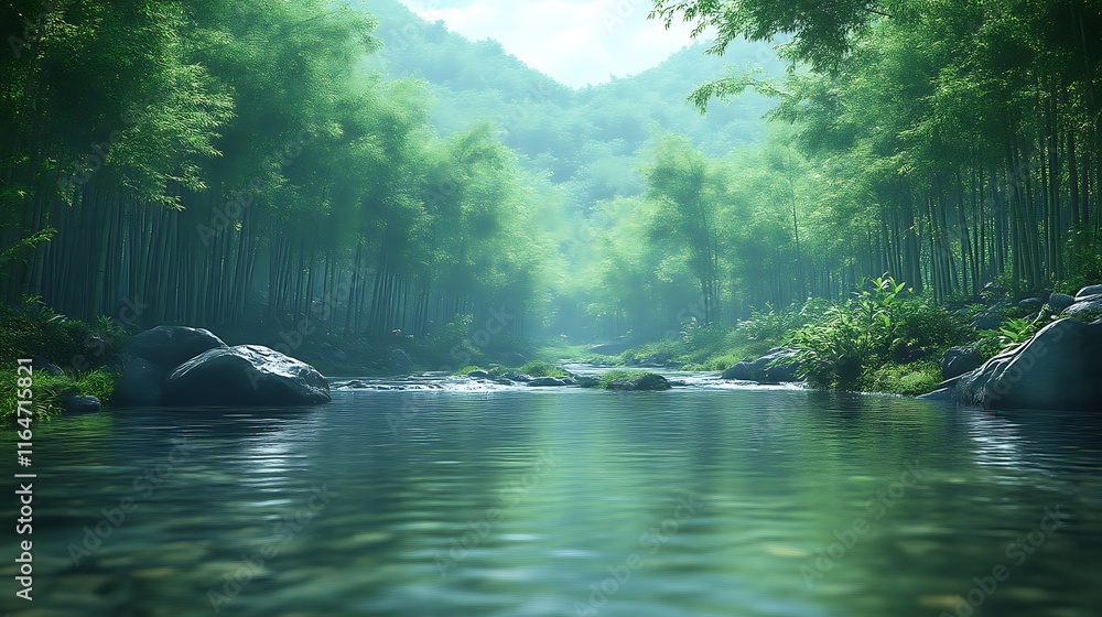 Obraz premium Serene Bamboo Forest Stream A Tranquil Natural Scene