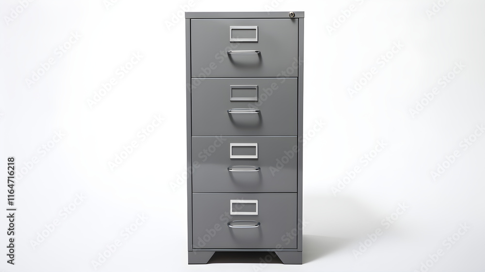 Modern Four-Drawer Metal Filing Cabinet in Office Setting, Depicting Efficiency and Organization Modern Four-Drawer Metal Filing Cabinet in Office Setting, Depicting Efficiency and Organization