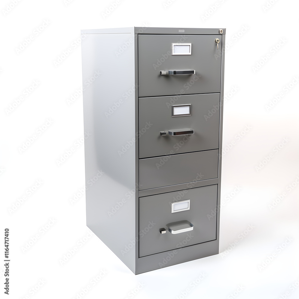 Modern Four-Drawer Metal Filing Cabinet in Office Setting, Depicting Efficiency and Organization Modern Four-Drawer Metal Filing Cabinet in Office Setting, Depicting Efficiency and Organization
