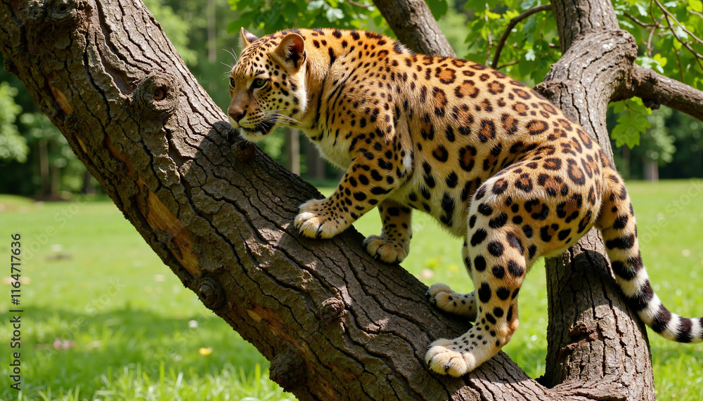 Obraz premium Leopard climbing tree in lush green forest