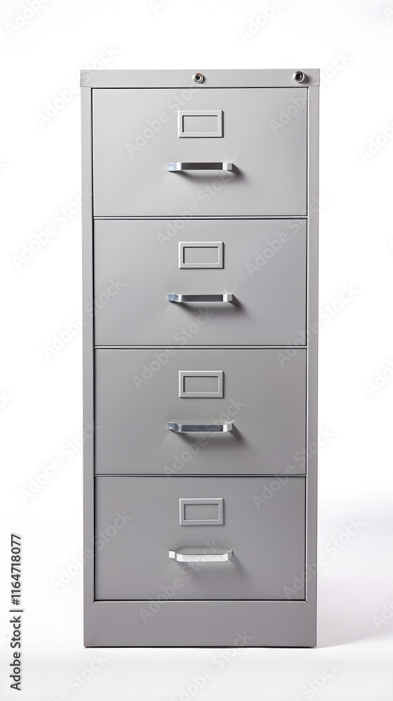 Modern Four-Drawer Metal Filing Cabinet in Office Setting, Depicting Efficiency and Organization Modern Four-Drawer Metal Filing Cabinet in Office Setting, Depicting Efficiency and Organization