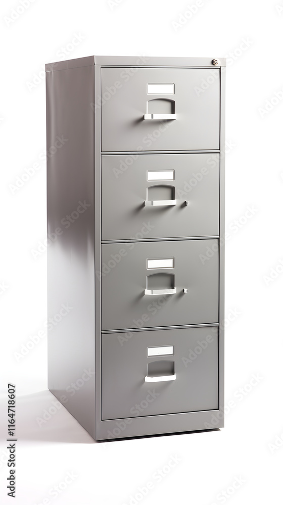 Modern Four-Drawer Metal Filing Cabinet in Office Setting, Depicting Efficiency and Organization Modern Four-Drawer Metal Filing Cabinet in Office Setting, Depicting Efficiency and Organization