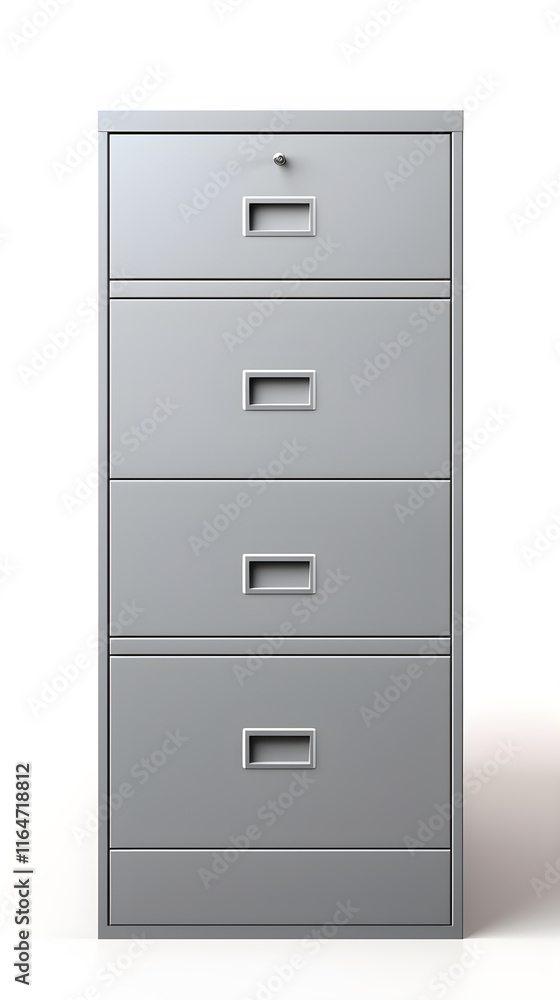 Modern Four-Drawer Metal Filing Cabinet in Office Setting, Depicting Efficiency and Organization Modern Four-Drawer Metal Filing Cabinet in Office Setting, Depicting Efficiency and Organization