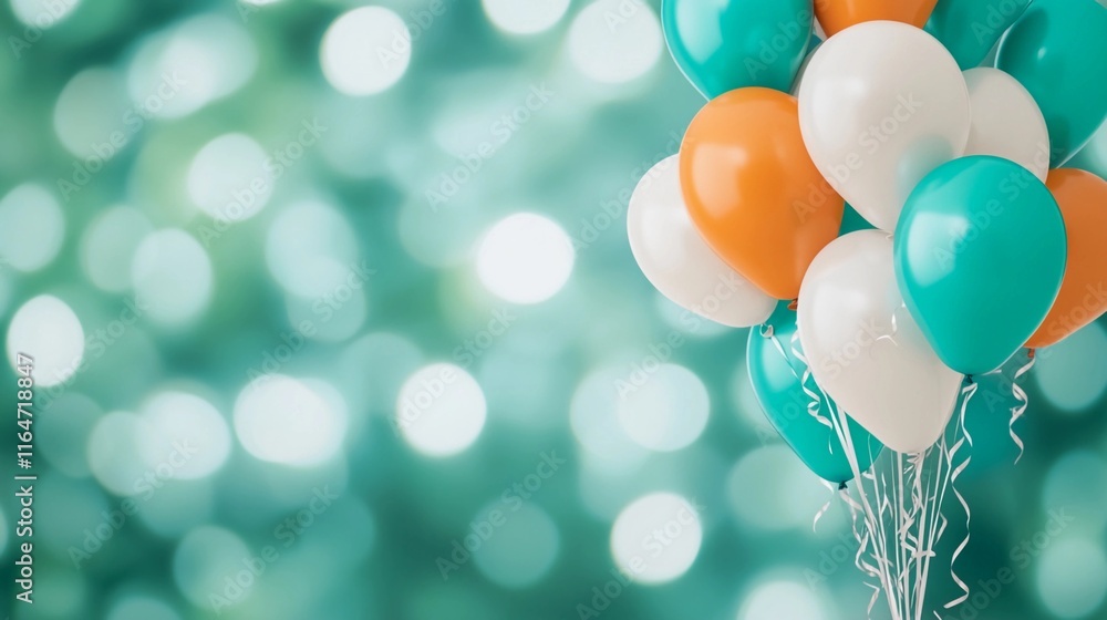Bright and vibrant cluster of orange, white, and teal balloons creating a festive atmosphere for any celebration Bright and vibrant cluster of orange, white, and teal balloons creating a festive atmosphere for any celebration