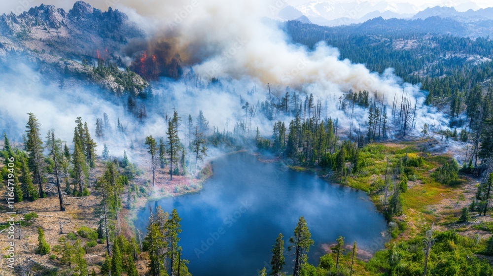 Aerial View of Smoke Drifting Over a Quiet Lake Aerial View of Smoke Drifting Over a Quiet Lake