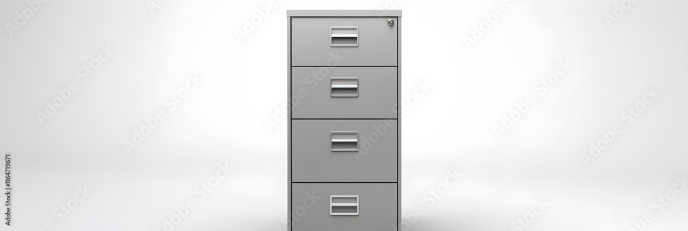 Modern Four-Drawer Metal Filing Cabinet in Office Setting, Depicting Efficiency and Organization Modern Four-Drawer Metal Filing Cabinet in Office Setting, Depicting Efficiency and Organization