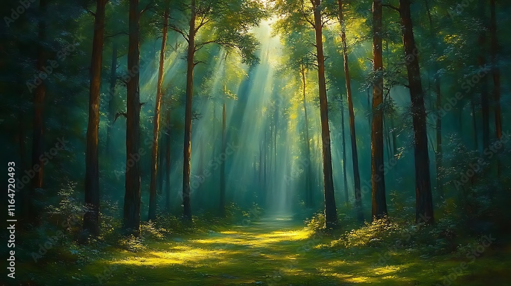 Naklejka premium Sunlit Path Through A Mystical Forest Scene