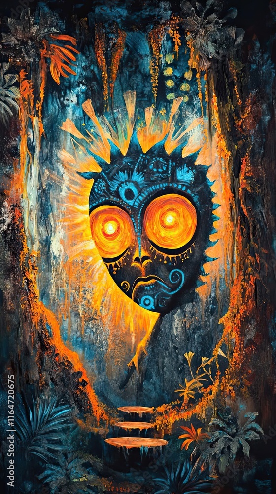 Fototapeta premium Luminous Tribal Mask in a Tropical Forest Setting