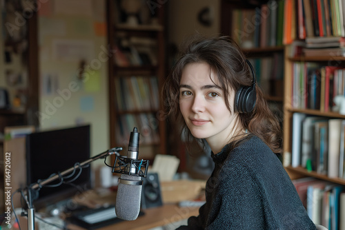 European woman hosting a podcast