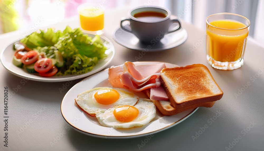 明るいテーブルで楽しむ健康的な朝ごはん、目玉焼き、トースト、ハム、サラダとともにコーヒーとオレンジジュースが添えられたシンプルな朝食
明るいテーブルで楽しむ健康的な朝ごはん、目玉焼き、トースト、ハム、サラダとともにコーヒーとオレンジジュースが添えられたシンプルな朝食