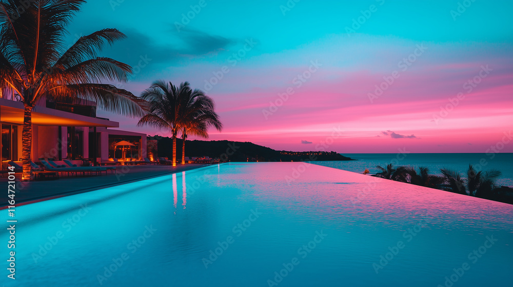 Obraz premium Resort at sunset with palm trees and an infinity pool overlooking the ocean