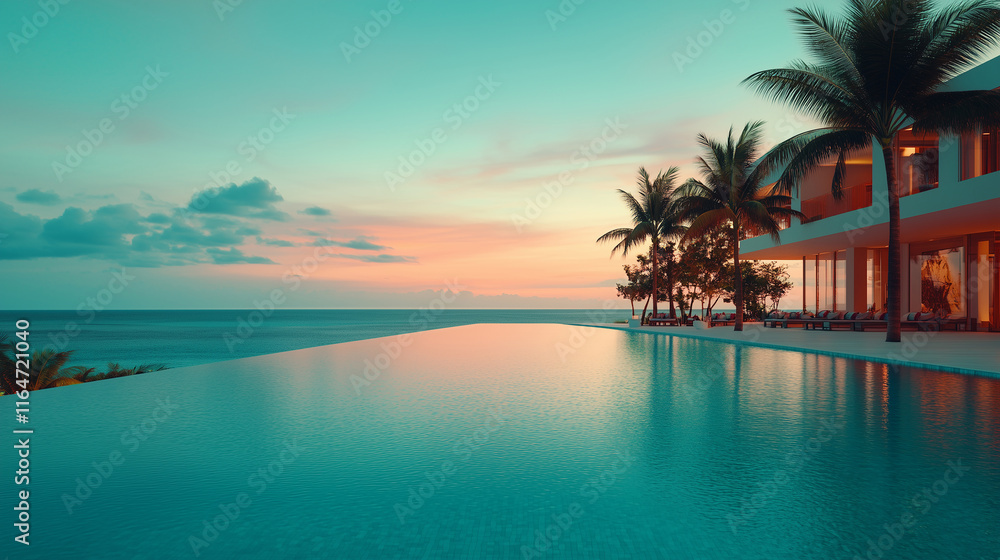 Obraz premium Charming resort at sunset with palm trees and an infinity pool overlooking the ocean