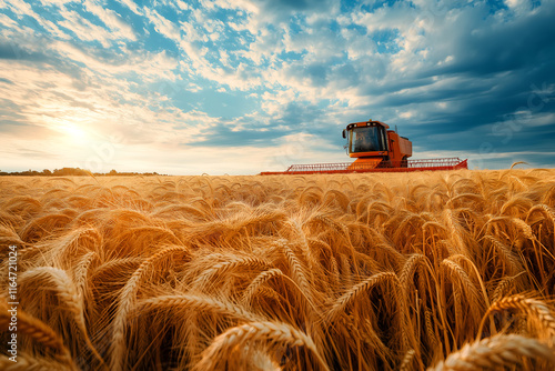 Combine harvester on a field of wheat