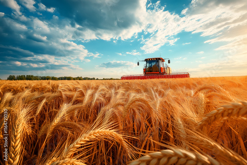 Combine harvester on a field of wheat