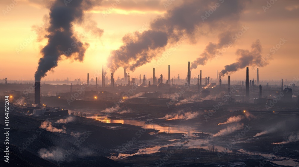 Coastal Cityscape with Smoke and Dramatic Evening Light Coastal Cityscape with Smoke and Dramatic Evening Light