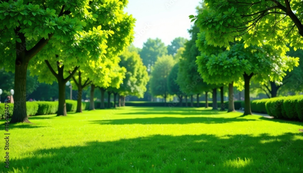 Fototapeta premium Bright green lawn, well-maintained park setting, healthy, recreational, landscape