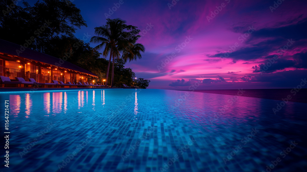 Obraz premium Resort at sunset with palm trees reflecting over an infinity pool overlooking the ocean