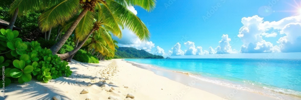 Obraz premium Sandy beach with lush greenery and a clear blue sky, serene, beach