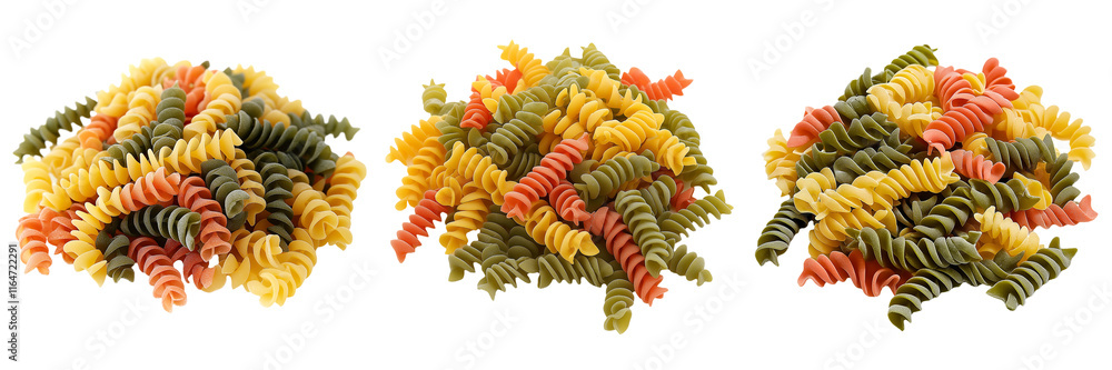 A pile of uncooked fusilli tricolore pasta in shades of green, red, and yellow, isolated on a transparent background A pile of uncooked fusilli tricolore pasta in shades of green, red, and yellow, isolated on a transparent background
