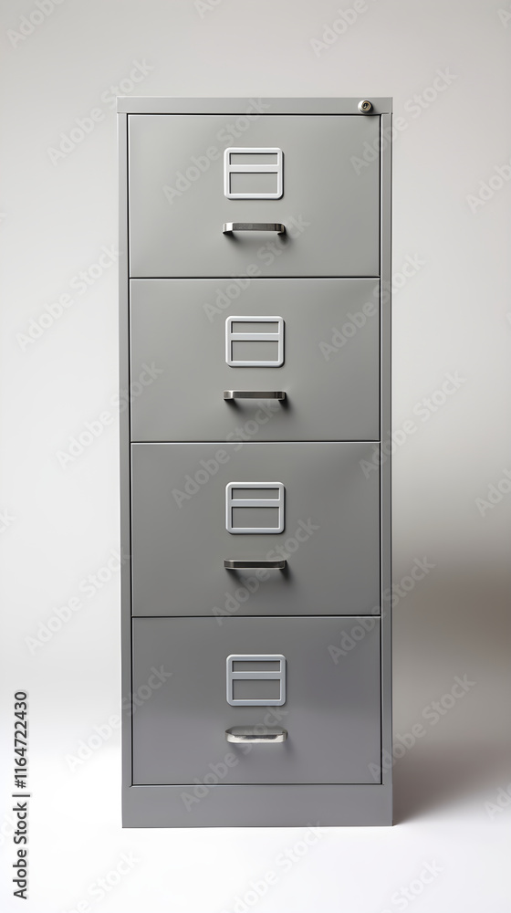 Modern Four-Drawer Metal Filing Cabinet in Office Setting, Depicting Efficiency and Organization Modern Four-Drawer Metal Filing Cabinet in Office Setting, Depicting Efficiency and Organization