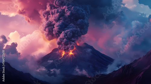 Smoke rising from a volcano eruption, side view, illustrating natural power and chaos, cybernetic tone, tetradic color scheme. Ashfall. Illustration