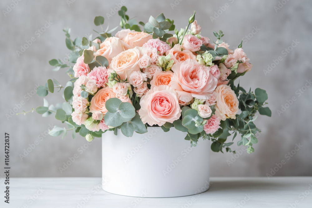 Obraz premium Beautiful bouquet of pink various flowers in a white box