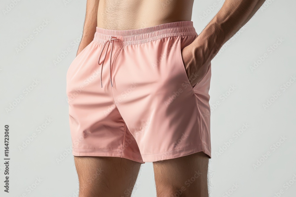 Neutral pink men’s sports shorts with elastic waistband and drawstring on a pure white background Neutral pink men’s sports shorts with elastic waistband and drawstring on a pure white background