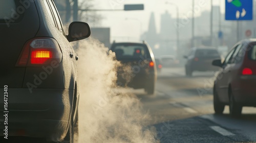 Exhaust Clouds on Highway in Bright Afternoon Light