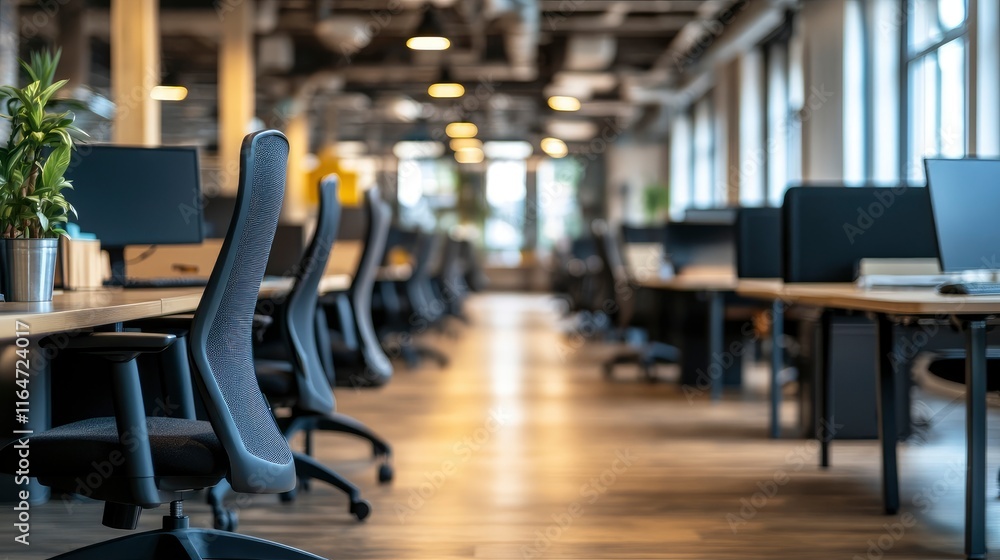Blurred empty open space office. Abstract light bokeh at office interior background for design. Blurred empty open space office. Abstract light bokeh at office interior background for design.