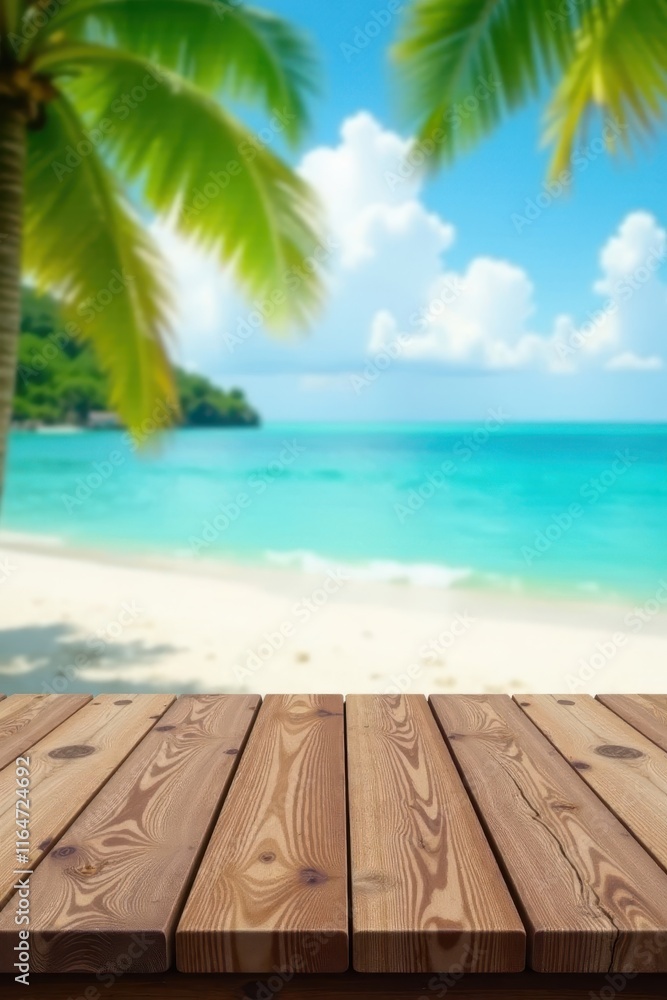 Fototapeta premium Tropical beach scene, blurred ocean, wooden table Perfect for product display , advertisement, bright