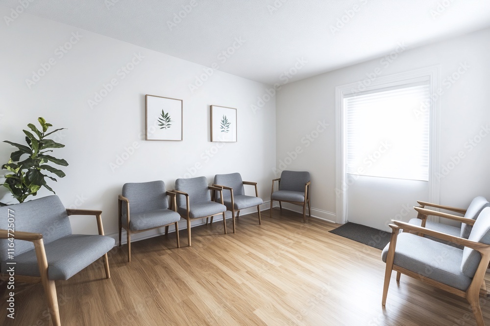 A modern waiting room with minimalist design and comfortable seating. A modern waiting room with minimalist design and comfortable seating.