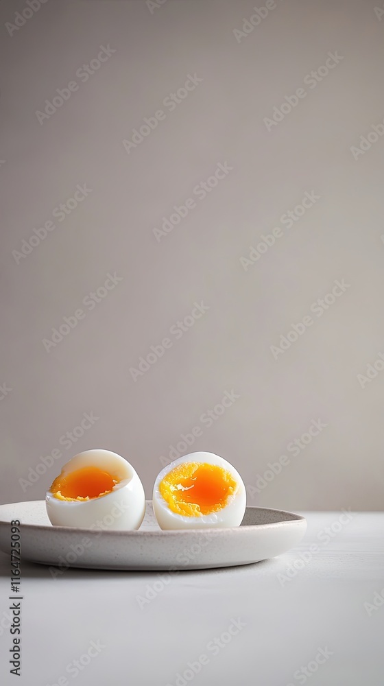 Two soft boiled egg halves on a plate. Two soft boiled egg halves on a plate.