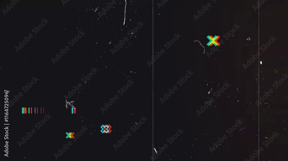 Vintage old damaged VHS Film Grain Glitch Effect Overlay screen background template. Cool retro vintage texture background overlay with scratches & dirt stains for modern videos. Lens flare light leak