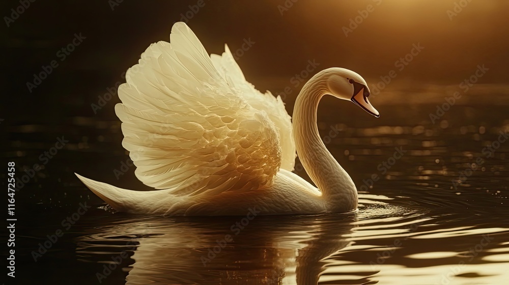 Obraz premium Majestic Swan Gracefully Gliding on Golden Water
