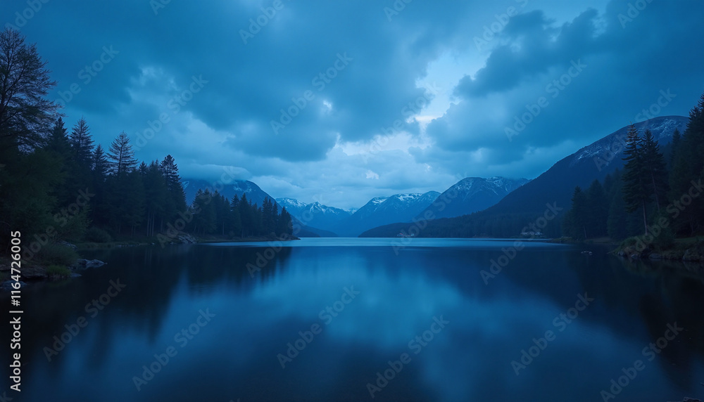 Serene twilight lake with deep blue reflections of the sky and silhouetted trees creating a tranquil atmosphere, calm water surface with a wide-angle view showcasing soft fading light Serene twilight lake with deep blue reflections of the sky and silhouetted trees creating a tranquil atmosphere, calm water surface with a wide-angle view showcasing soft fading light
