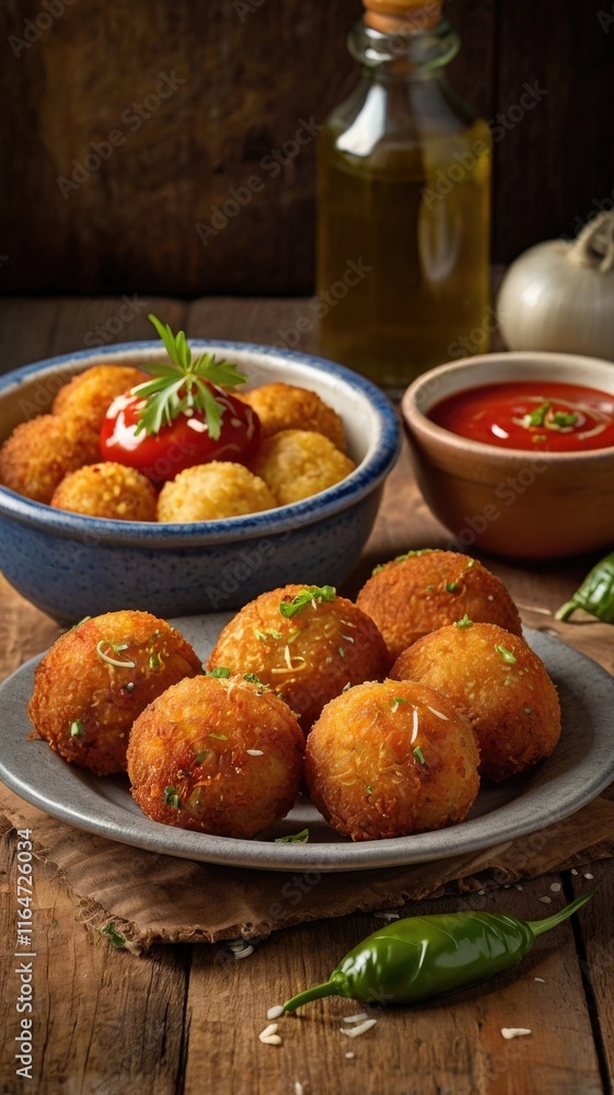 Golden Crispy Arancini with Vibrant Dipping Sauces Golden Crispy Arancini with Vibrant Dipping Sauces