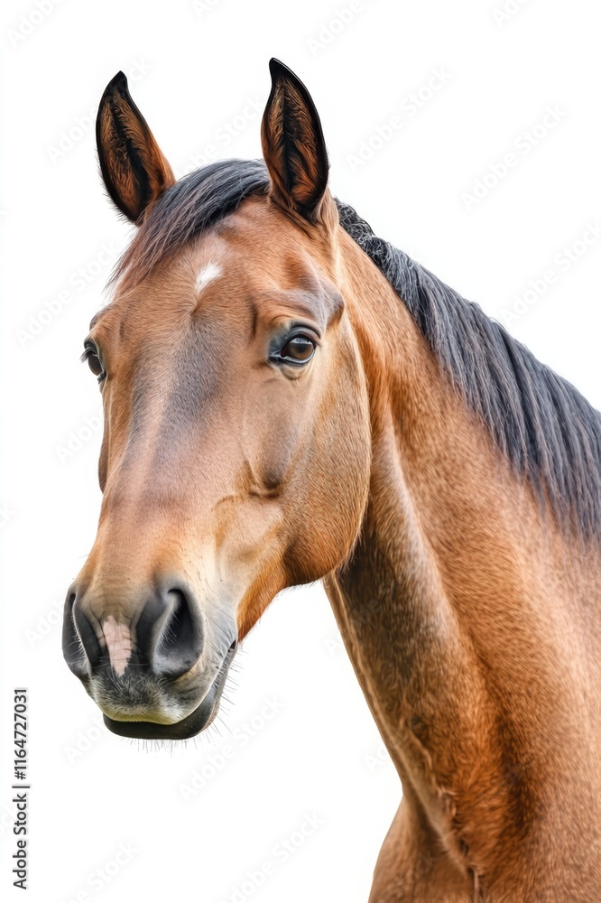 Fototapeta premium A breathtaking close-up portrait of a majestic horse featuring its expressive eyes and unique facial features, set against a bright white background for striking contrast.