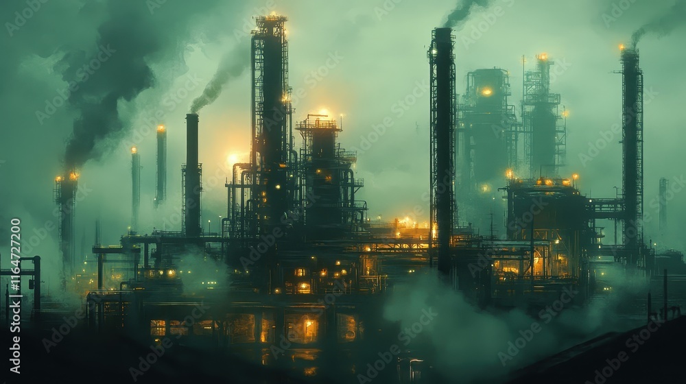 A Night View of an Industrial Refinery with Illuminated Smokestacks Emitting Thick Smoke Against a Dark and Foggy Sky, Encompassing Environmental and Economic Dimensions A Night View of an Industrial Refinery with Illuminated Smokestacks Emitting Thick Smoke Against a Dark and Foggy Sky, Encompassing Environmental and Economic Dimensions