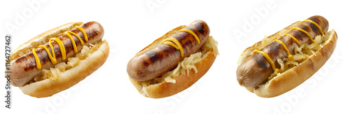 A German bratwurst sausage served in a small bun, topped with tangy mustard and sauerkraut, isolated on a transparent background