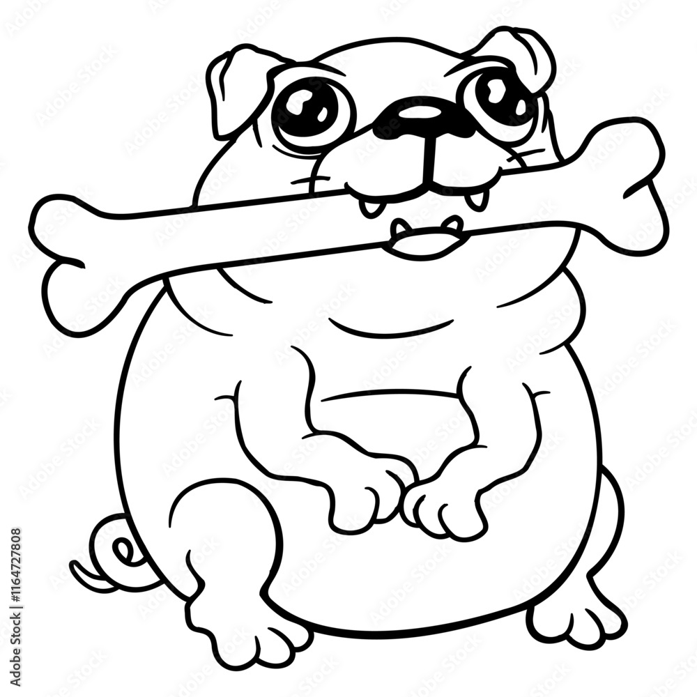 Fototapeta premium Pug Dog Bone Mouth Hunger Delicious Happy Cool Fun Design Lover Art Vector Illustration Card T-Shirt Poster Sticker Graphic Print Decorative Drawing Isolated Logo Decoration Symbol Creative Cool Style