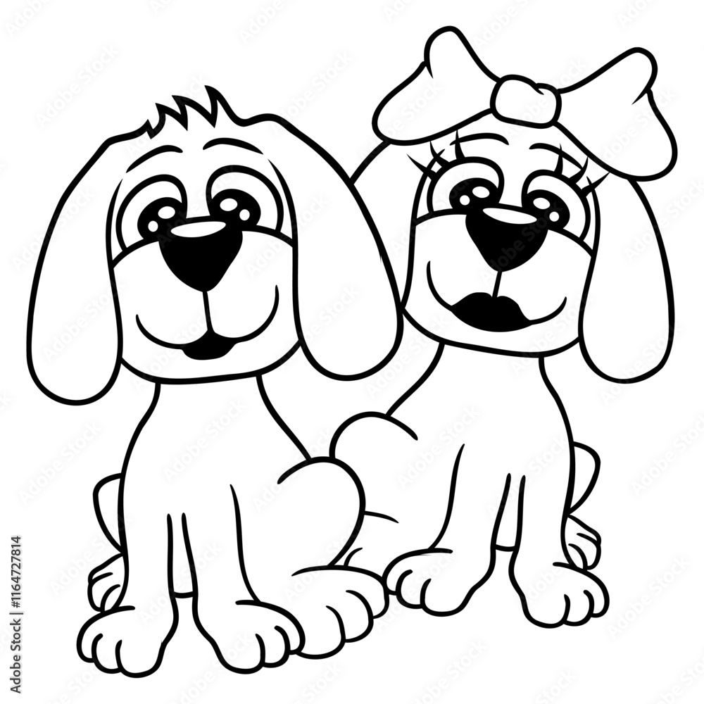 Fototapeta premium 2 Dogs Team Two Friends Couple In Love Girl Boy Design Lover Art Vector Illustration Card T-Shirt Poster Sticker Graphic Print Decorative Drawing Isolated Logo Decoration Symbol Creative Cool Style 