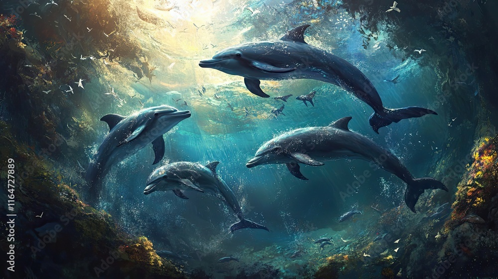 Fototapeta premium Dolphins Gracefully Swimming Through Ocean Depths