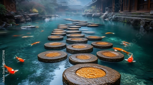 Serene Stepping Stones Across Koi Pond in Asian Village photo