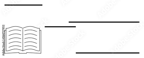 Open book with lines symbolizing distribution of knowledge, education, or data flow. Ideal for learning concepts, storytelling, writing skills, education systems, publishing, communication abstract
