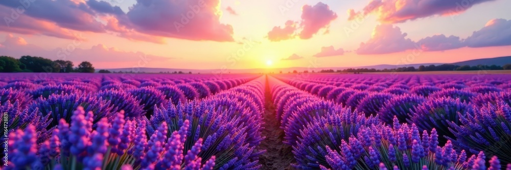 Obraz premium Rows of lavender under a clear summer sky at dawn , color, farm, sunrise